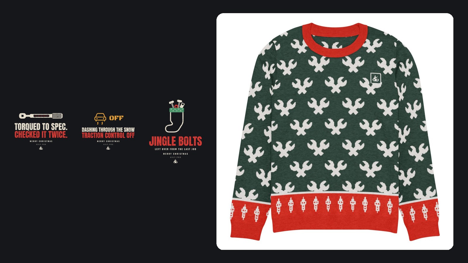 AXLY Christmas drop: Torqued to Spec, Traction Control Off and Jingle Bolts designs, and a crossed-wrench knitted ugly sweater